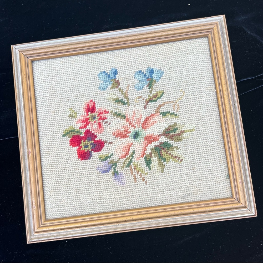 Floral Needlepoint Embroidered Framed Wall Art Vintage Cottage Flowers Handmade